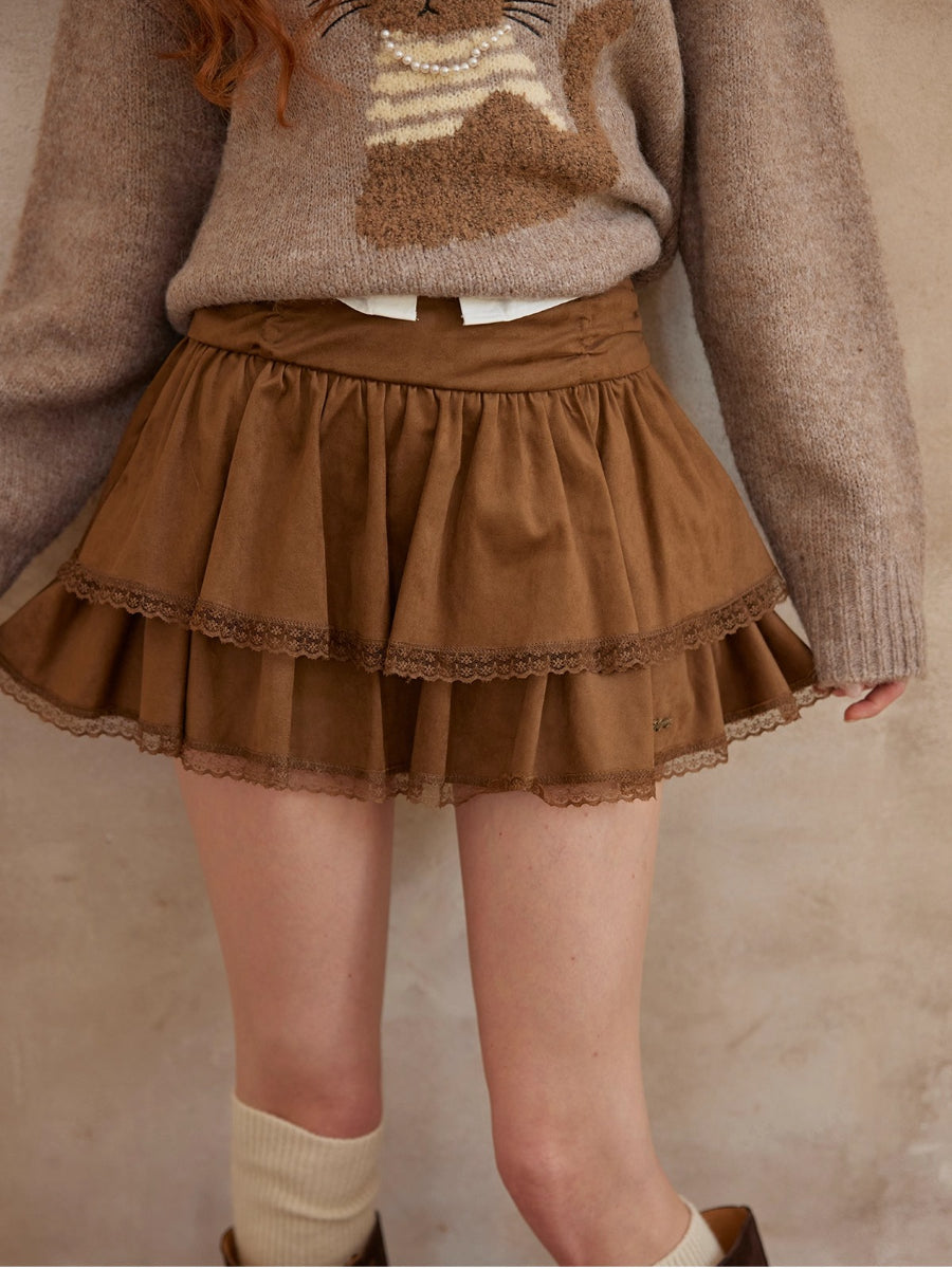 Suede Drawstring Lace Ruffle Mini Skirt