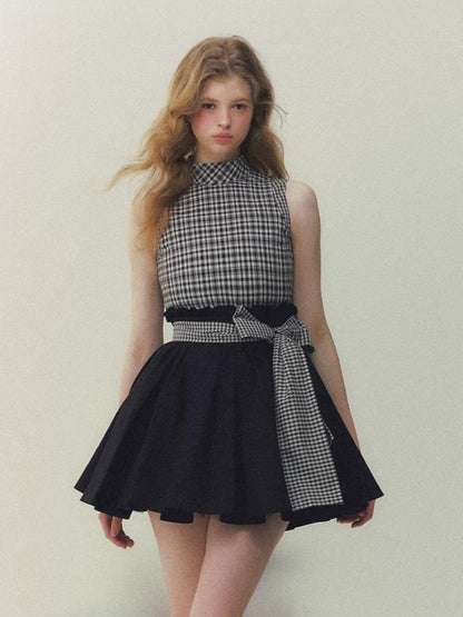 Black Plaid Bow Puff Dress