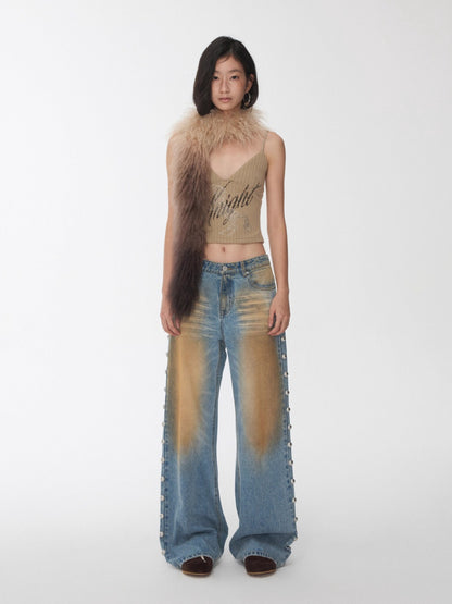 Mud-Dyed Washed Studded Straight-Leg Jeans