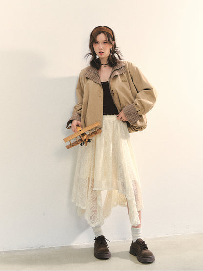 Beige Lace Irregular Hem Midi Skirt