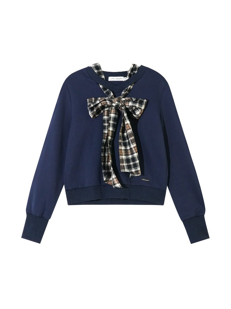 Navy Blue Plaid Bow-Tie Sweatshirt &amp; Pants Set