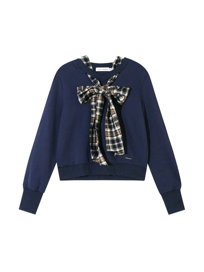 Navy Blue Plaid Bow-Tie Sweatshirt &amp; Pants Set