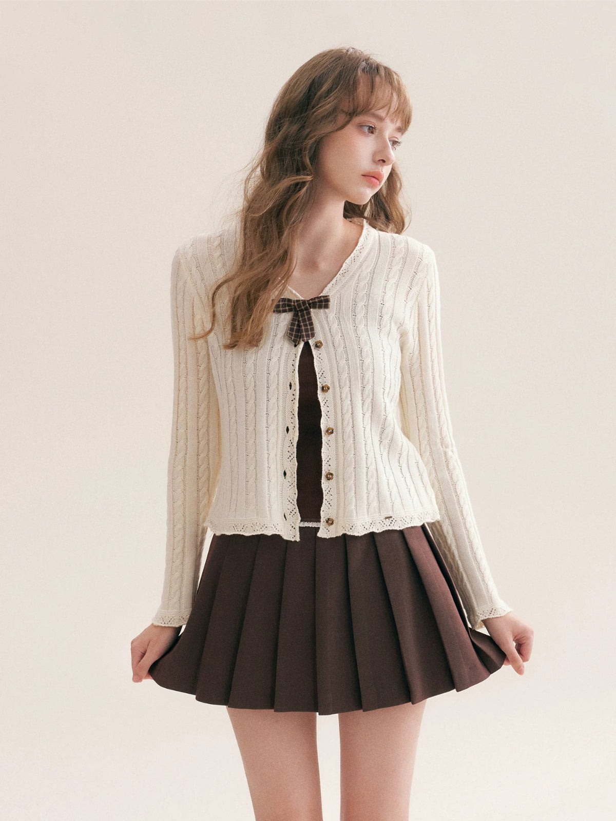 Plaid Bow Knit Cardigan