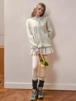 Contrast Gingham Knit Cardigan & Skirt Set
