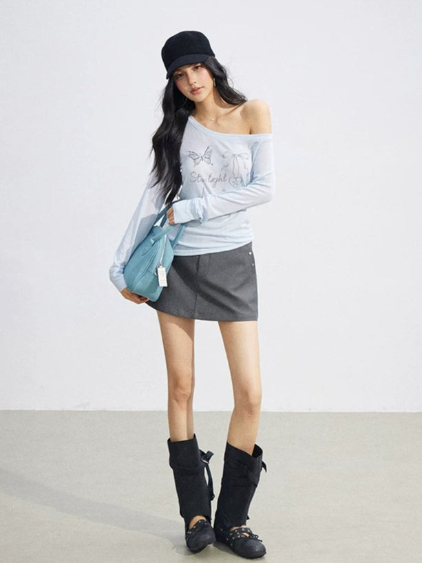 Irregular Off-Shoulder Butterfly T-shirt
