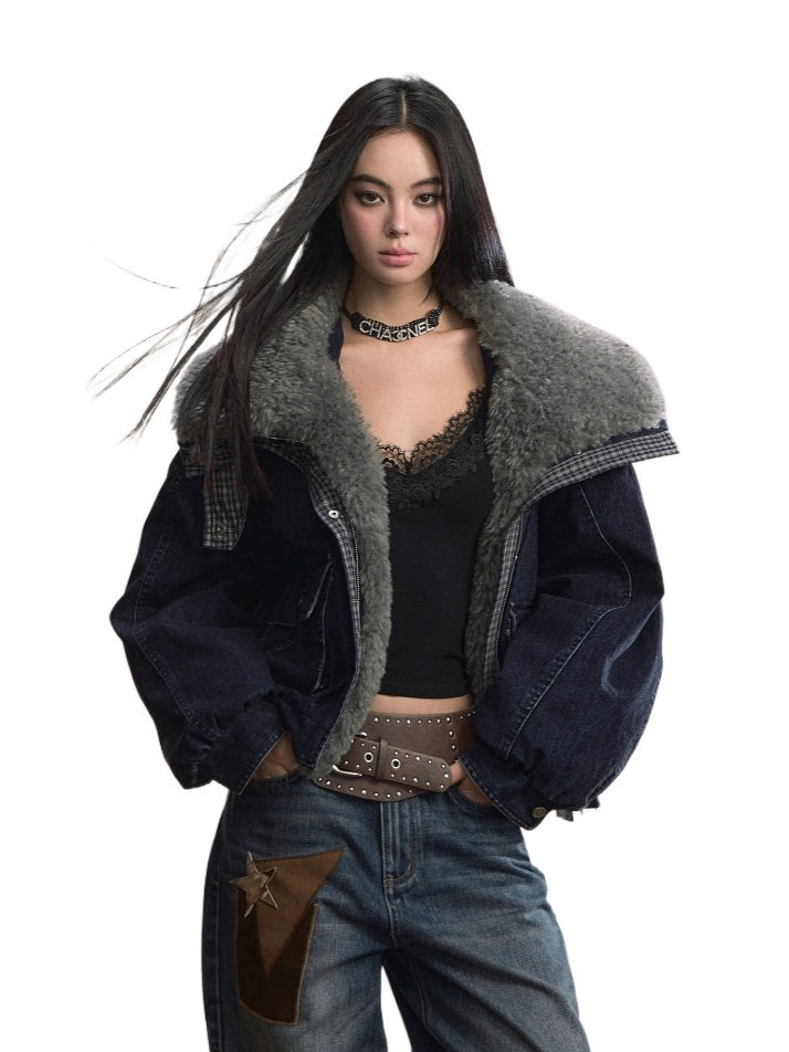 Velvet Denim Oversized Fur Collar Down Jacket
