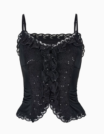 Sparkly Lace Ruffled Edge Tank Top