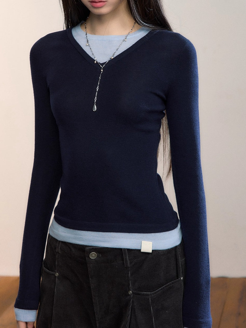 Contrast V-Neck Knit Top