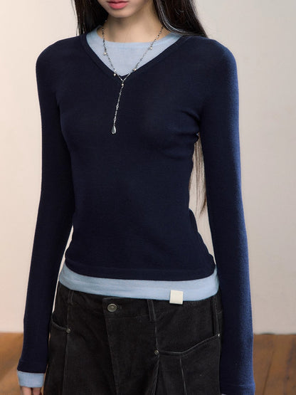 Contrast V-Neck Knit Top