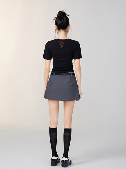 Lace Panel Shoulder Short-Sleeve