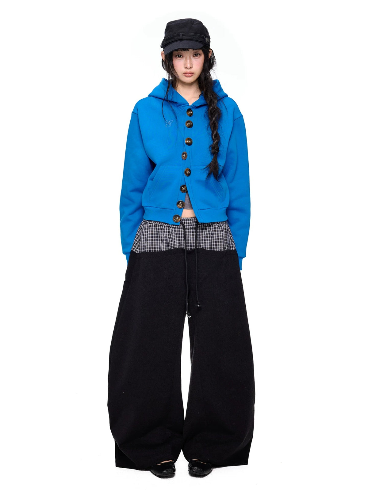 Button Embroidered Cropped Hoodie