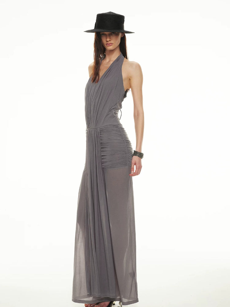 Mist Grey Lace Halter Dress