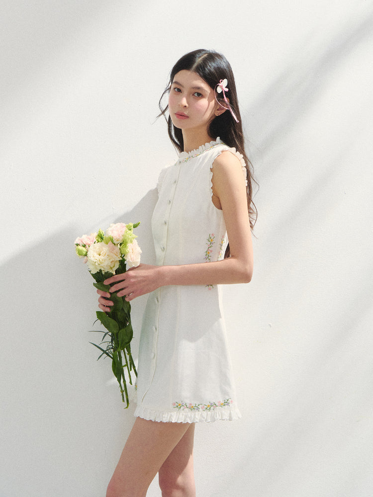 Embroidered Floral Waist-Tie Dress