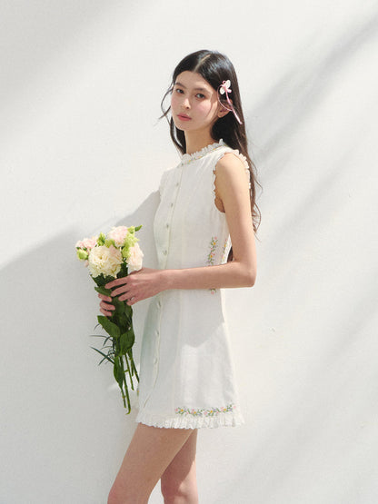 Embroidered Floral Waist-Tie Dress