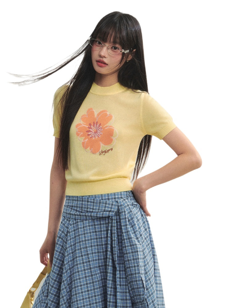 Floral Embroidered Crew Neck Short-Sleeve Knit Top