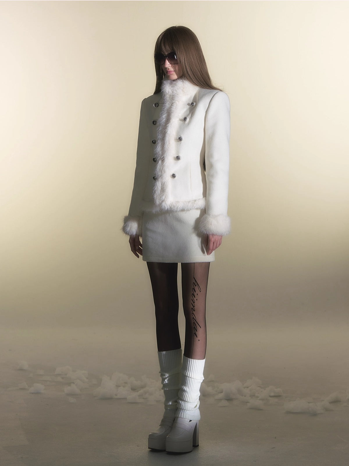 Faux Fur Double-Breasted Waist-Coated Jacket &amp; Skirt Set