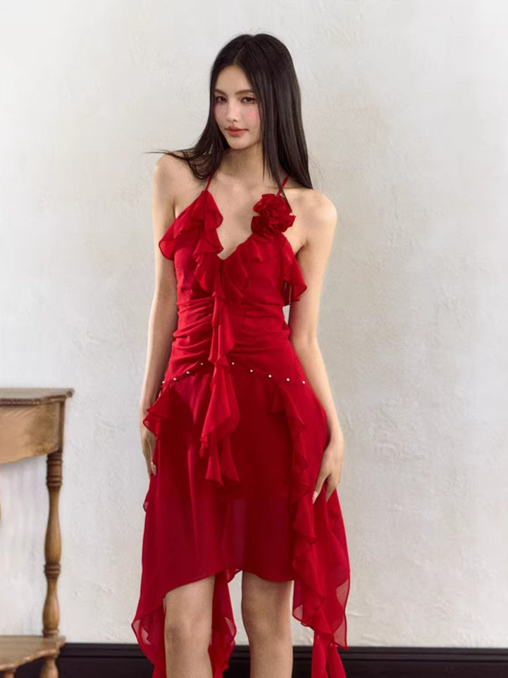 Rose Ruffle Irregular Hem Camisole Dress