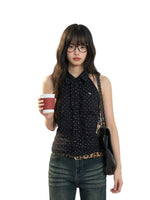 Black Polka Dot Halter Sleeveless Top