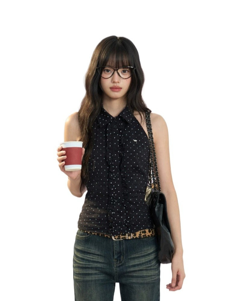 Black Polka Dot Halter Sleeveless Top