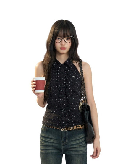 Black Polka Dot Halter Sleeveless Top