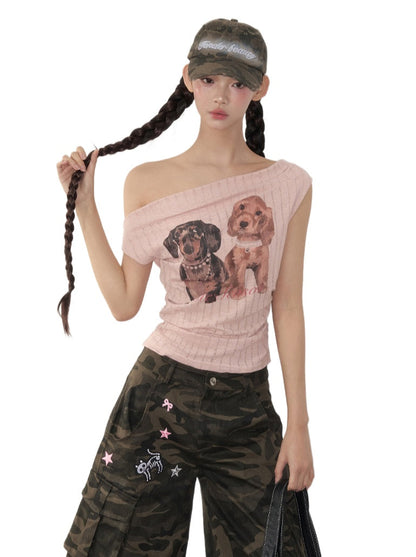 Puppy Print Off-Shoulder Tee