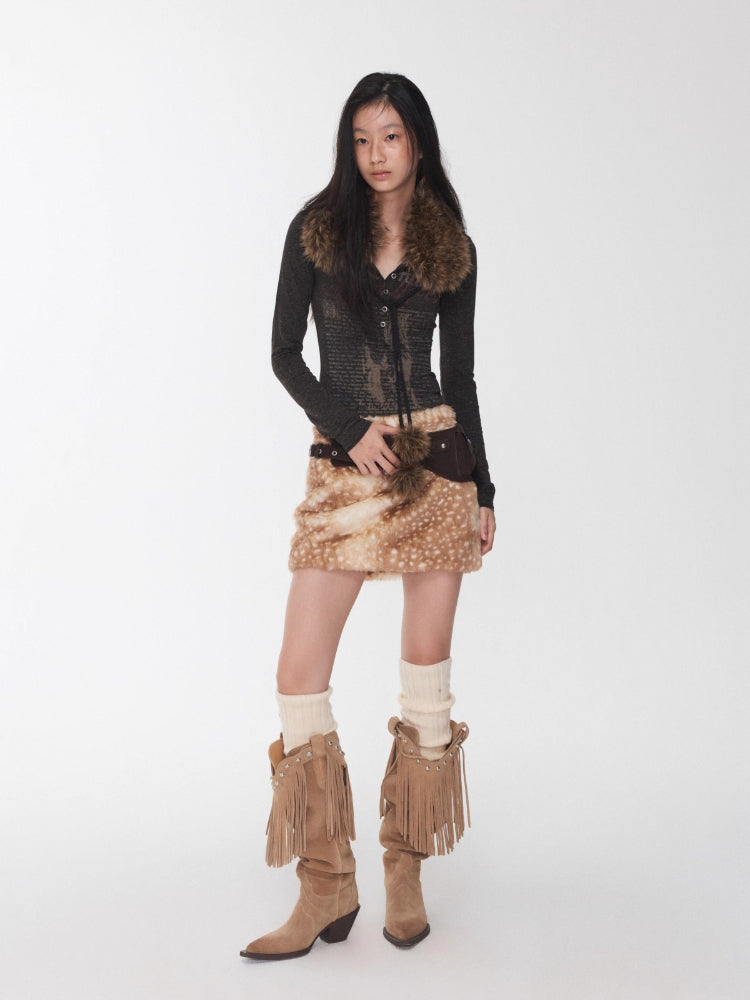 Vintage Deer Print Faux Fur Skirt