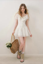 Apricot Floral Embroidered Puff Sleeve Dress