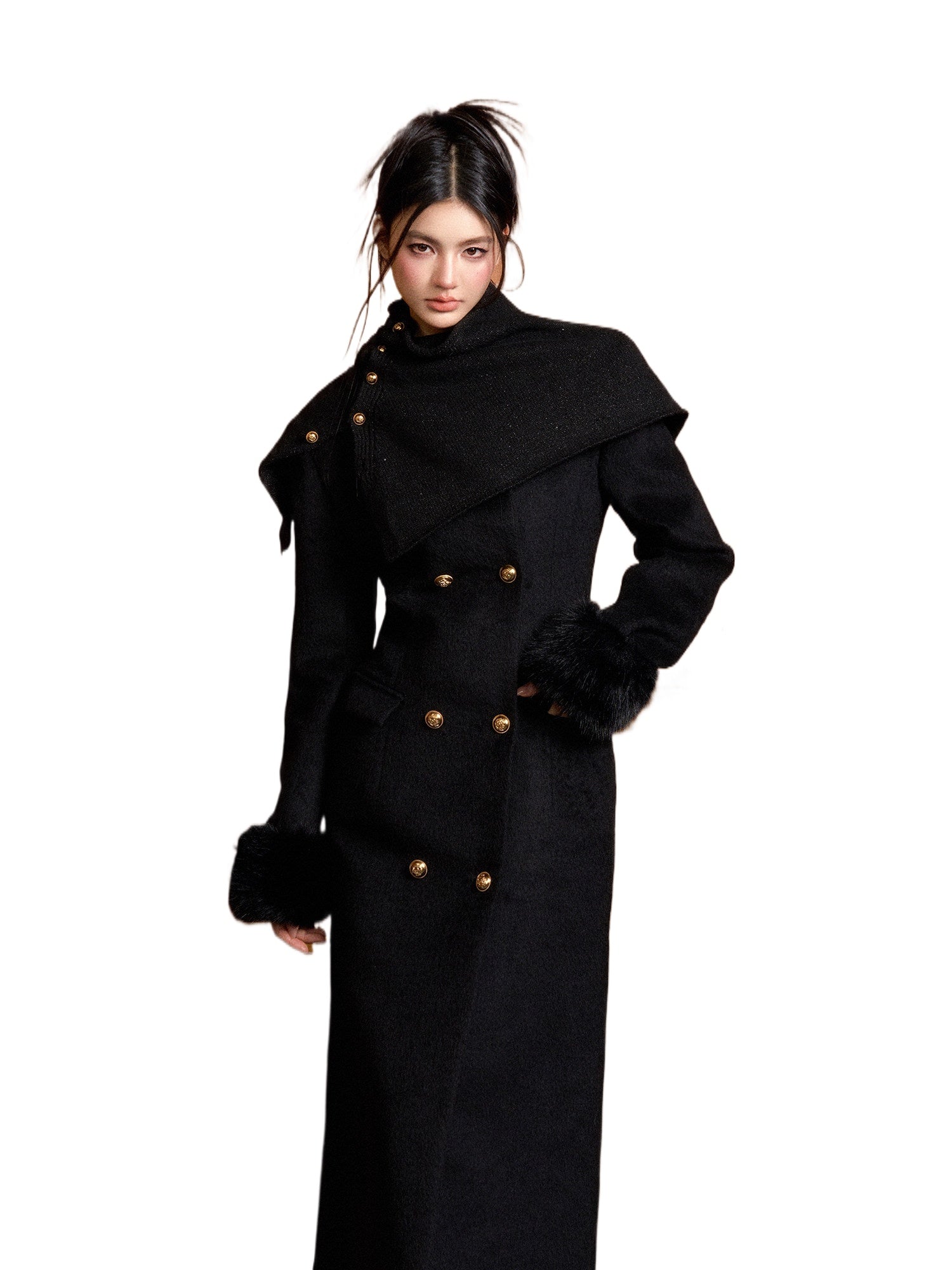 Fur-Collar Wool Coat &amp; Scarf Set