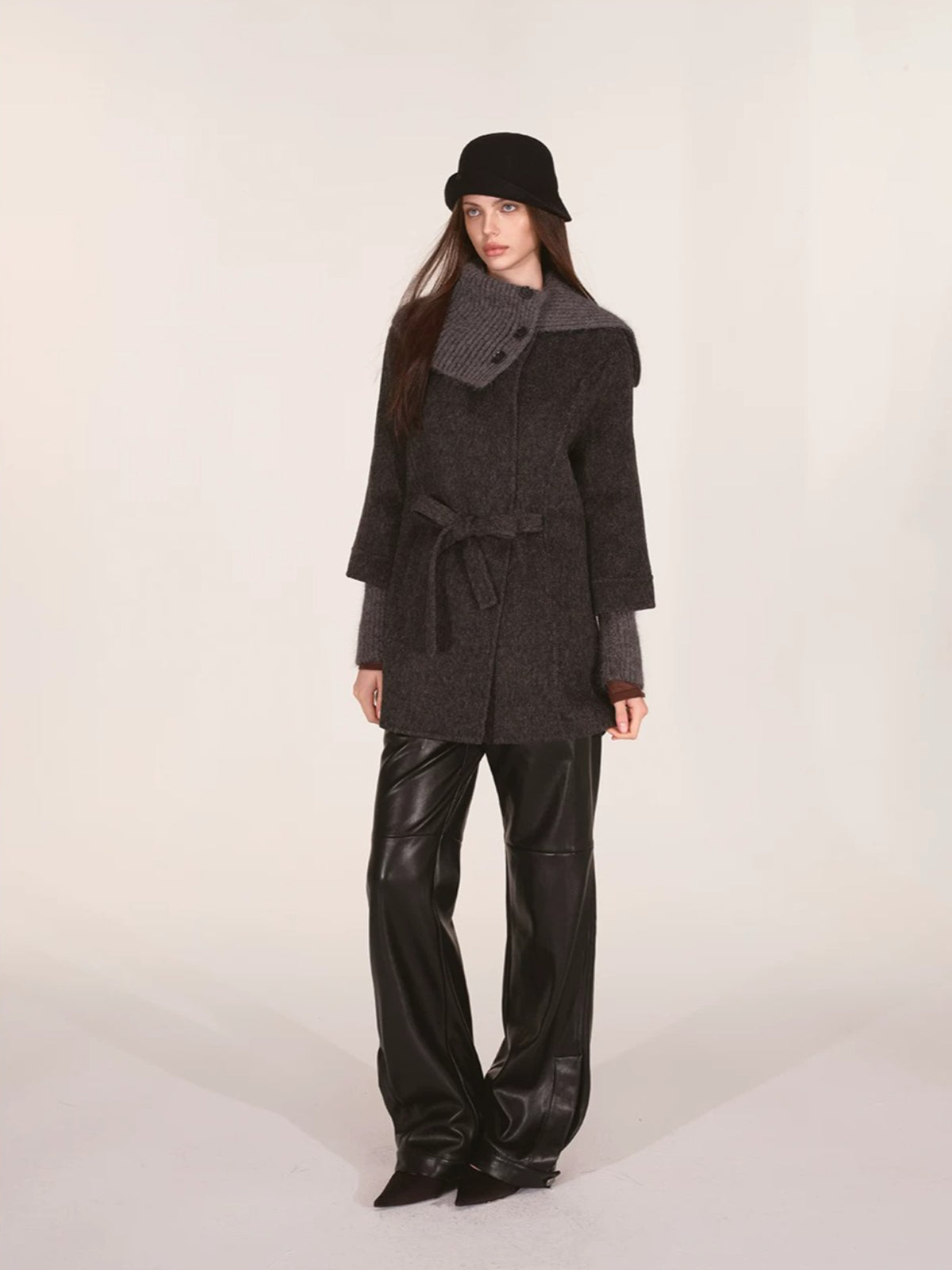 Asymmetric Collar Belted Wool Coat