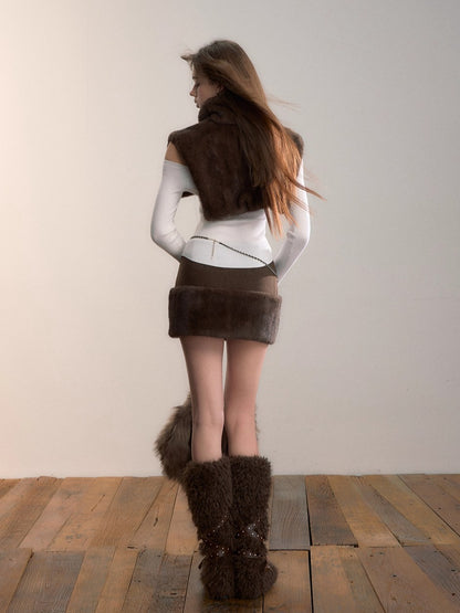 Fur-Panel Studded Mini Skirt