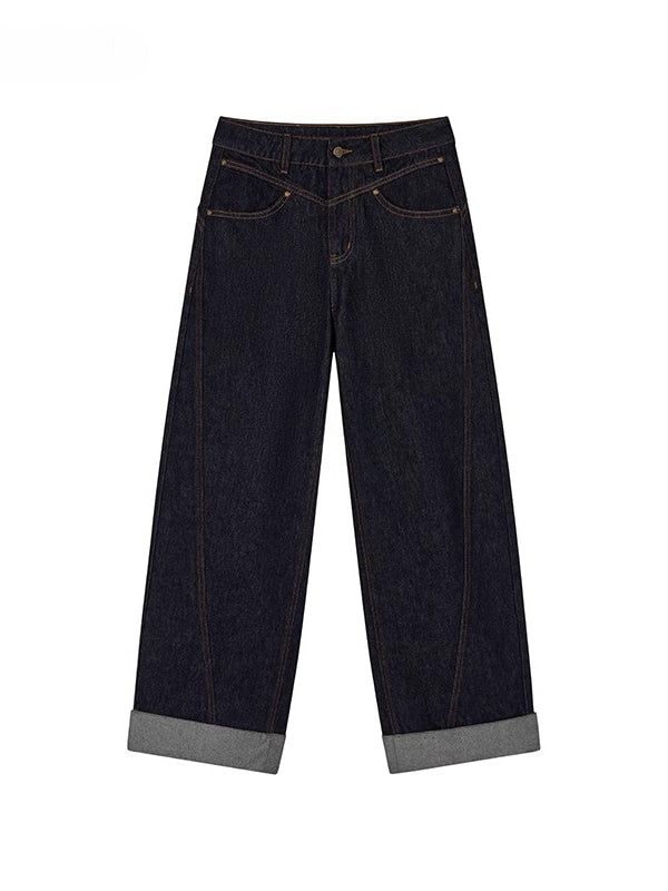 Dark Blue Raw-Hem Wide-Leg Denim Pants