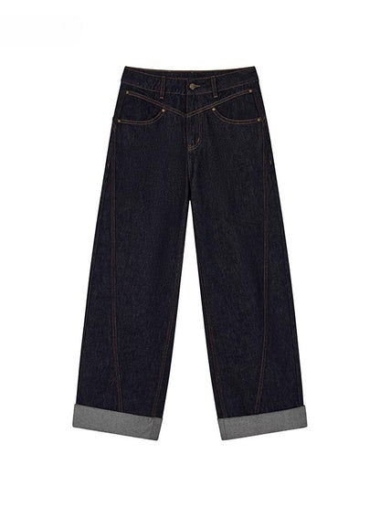 Dark Blue Raw-Hem Wide-Leg Denim Pants