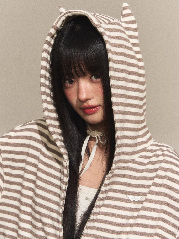 Cat Ear Stripe Zip Hoodie