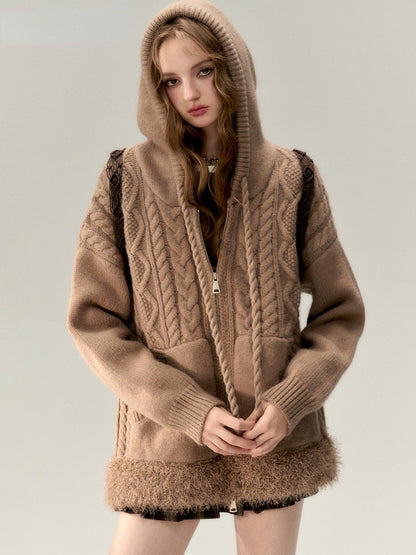 Off-white &amp; Khaki Twisted Knit Hooded Sweater