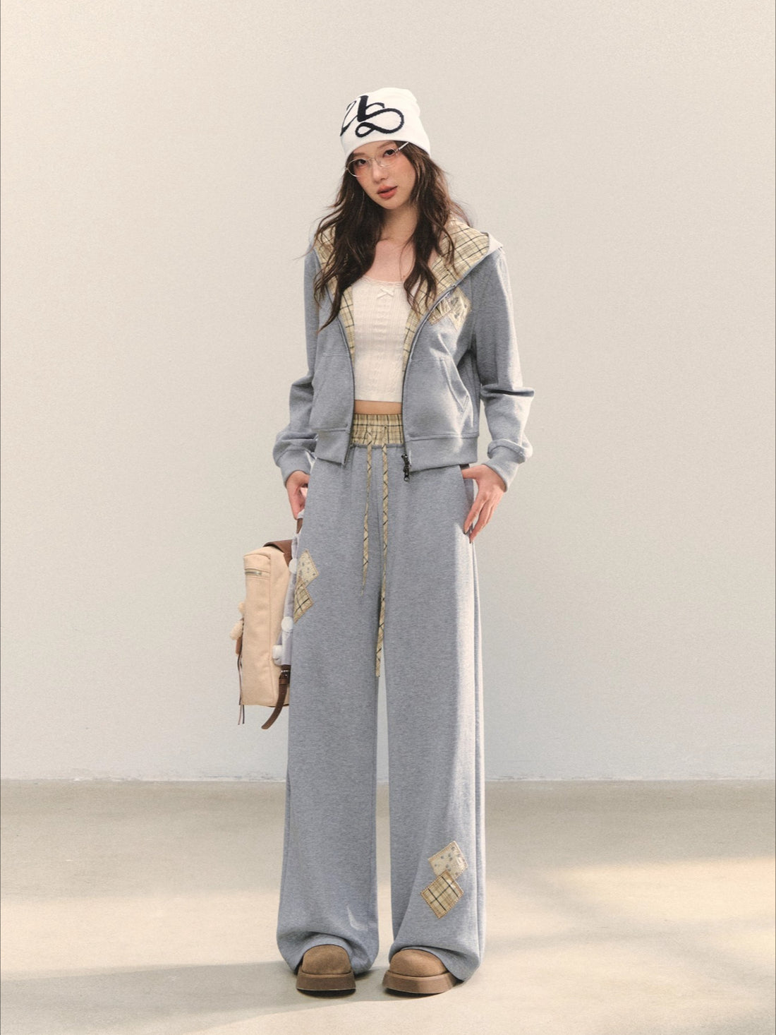 Gray Embroidered Zipper Hoodie&amp; Checkered Pants Set