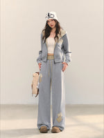 Gray Embroidered Zipper Hoodie& Checkered Pants Set