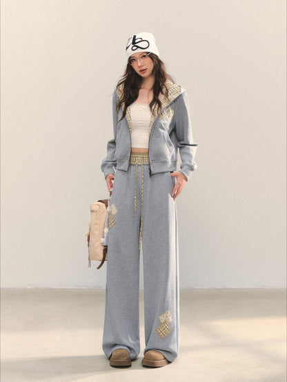 Gray Embroidered Zipper Hoodie&amp; Checkered Pants Set