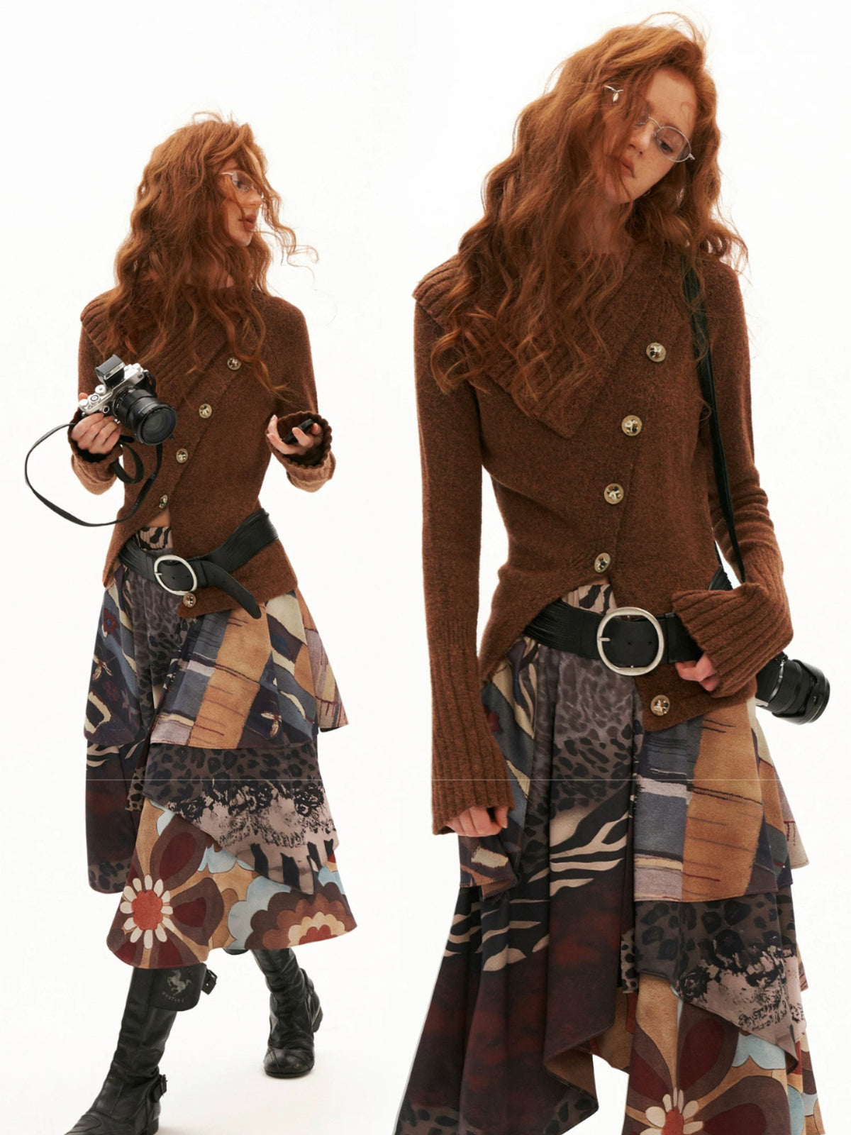 Asymmetrical High Neck Fitted Knit Cardigan