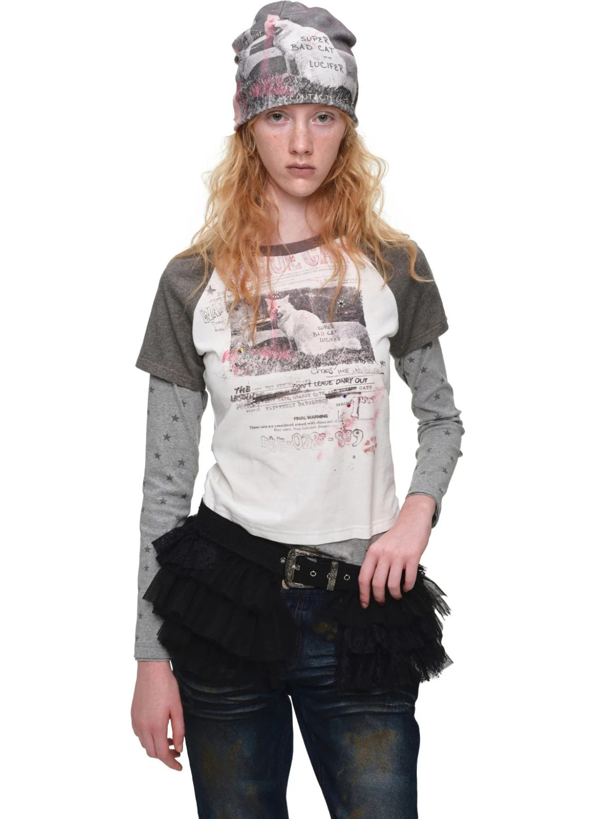Cat Print Layered Raglan Top