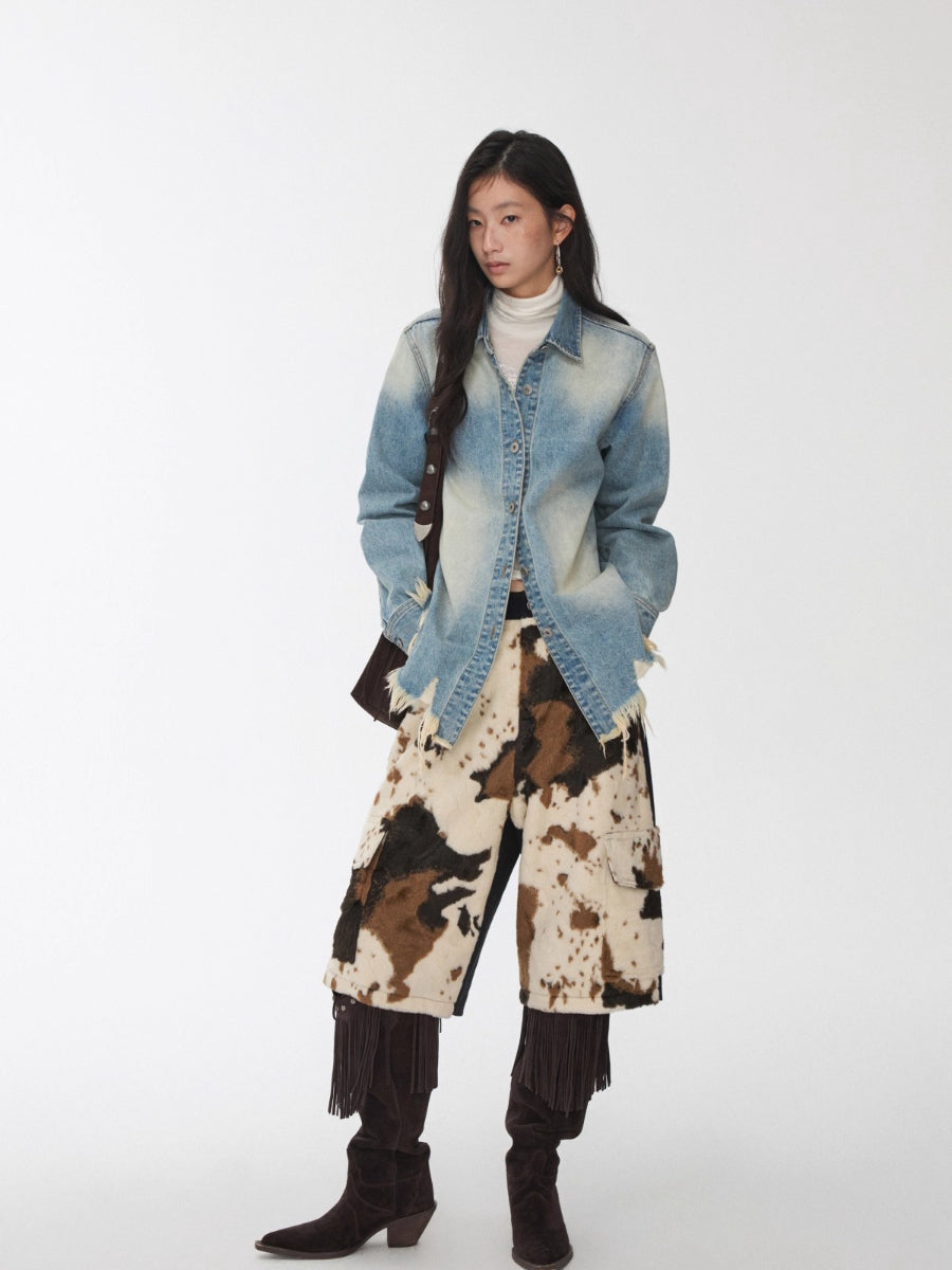 Vintage Washed Frayed-Edge Denim Shirt