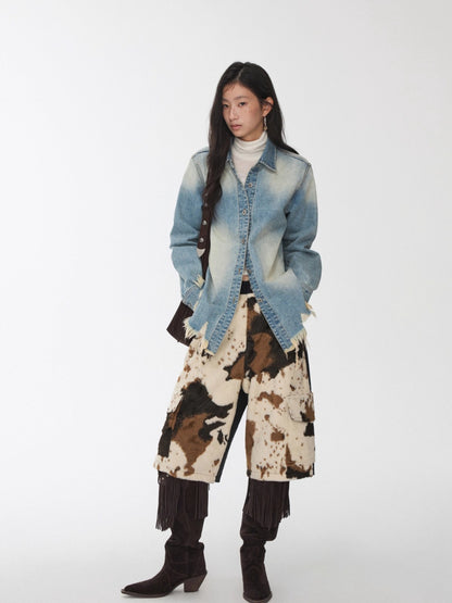 Vintage Washed Frayed-Edge Denim Shirt