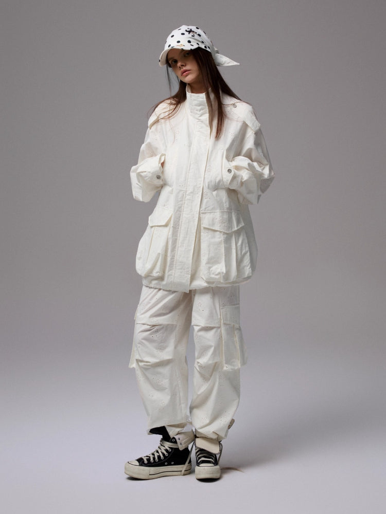 Heavy Embroidery Jacquard Multi-pocket Stand Collar Utility Jacket