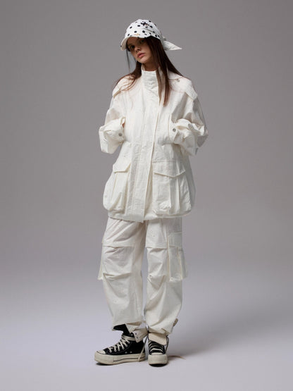 Heavy Embroidery Jacquard Multi-pocket Stand Collar Utility Jacket