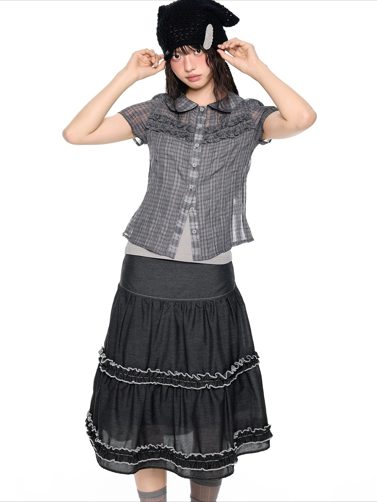 Pleated Plaid Collar Top