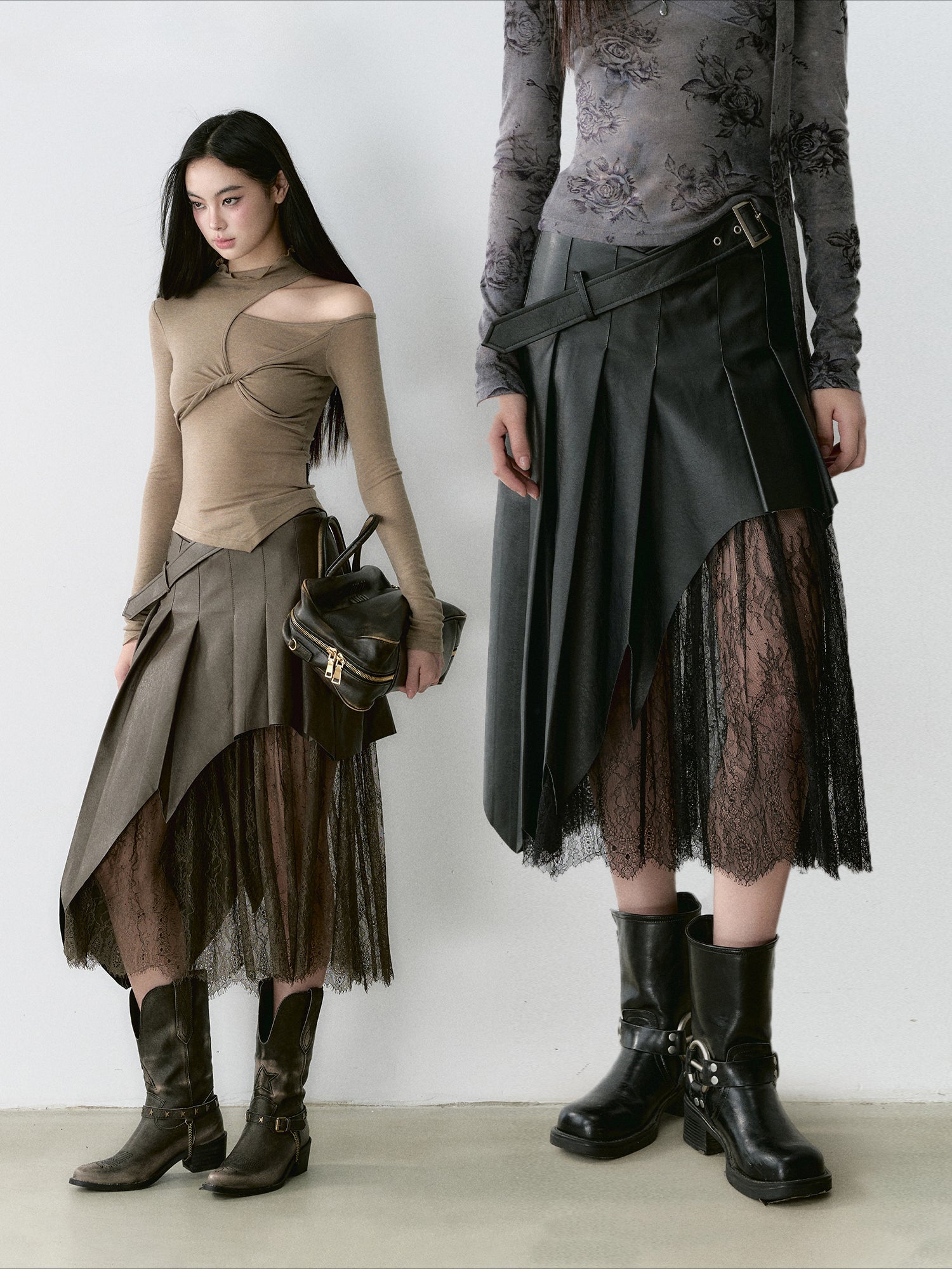 Coffee &amp; Black Lace-paneled PU Leather Skirt