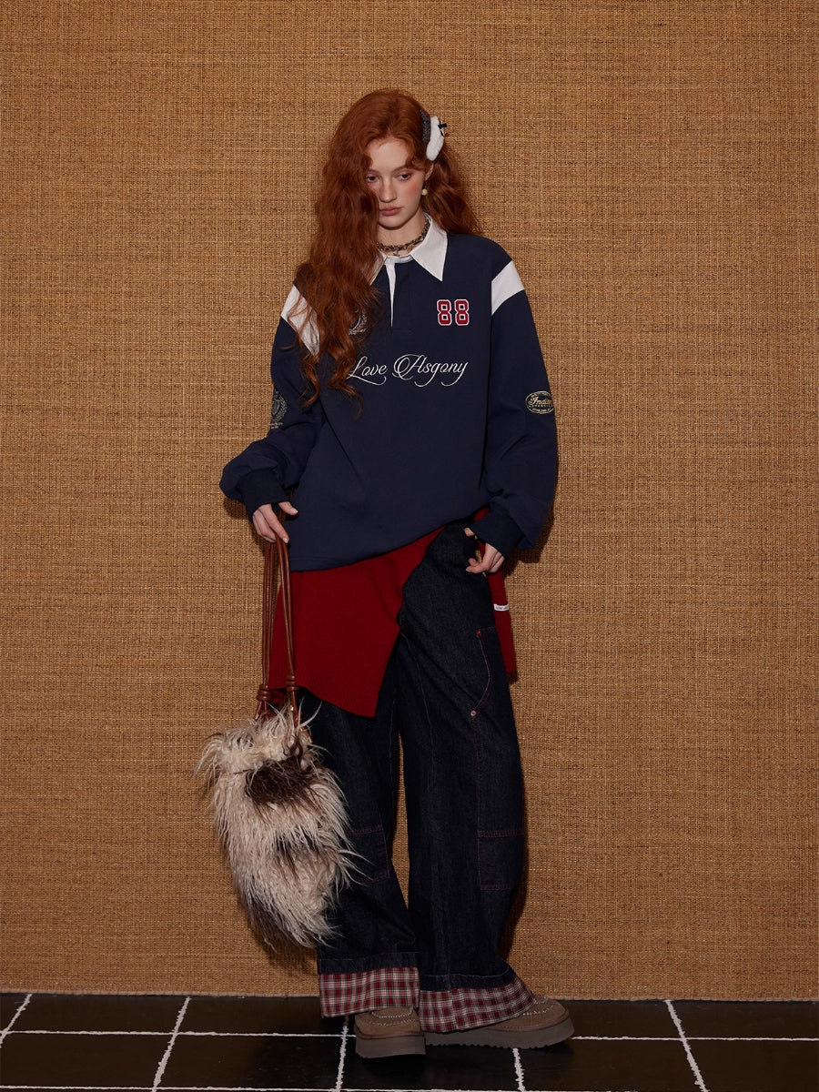 Contrast Collar Embroidered Drawstring Sweatshirt