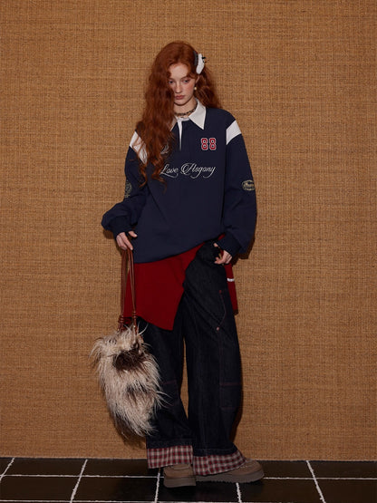 Contrast Collar Embroidered Drawstring Sweatshirt