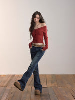 Color-Blocked Faux Fur Waist Slim Flare Jeans
