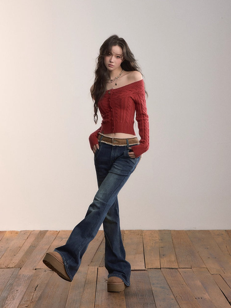 Color-Blocked Faux Fur Waist Slim Flare Jeans