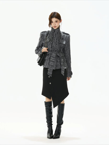 Gray Belted Tweed Coat